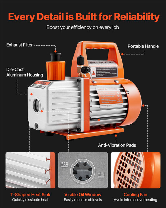 AC Vacuum Pump 3.5 CFM HVAC Single Stage Rotary Vane Vacuum Pump Oil Included