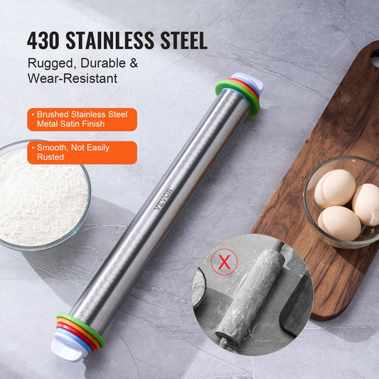 Adjustable Rolling Pin Stainless Steel With Thickness Rings And Baking Mat