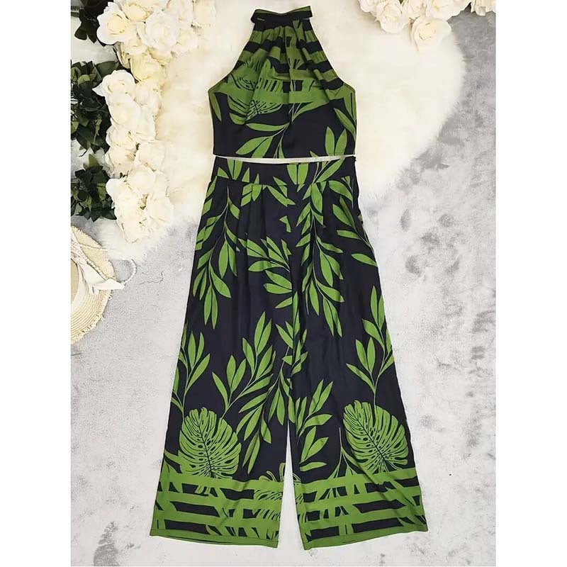 Women's 2 Piece Outfits Plants Graphic Print Crop Halter Top And Wide Leg Pants Set