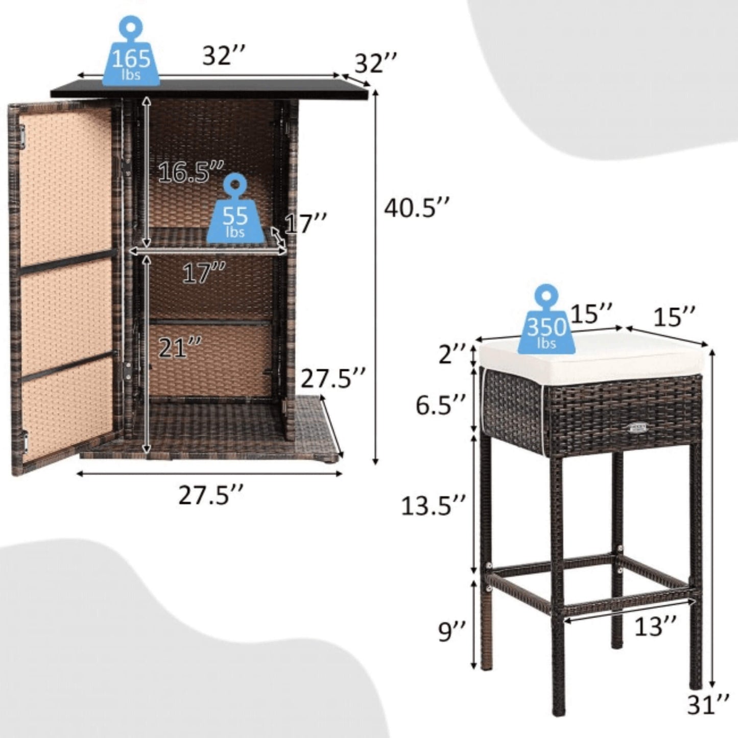5-Piece Patio Rattan Bar Table Stool Set With Hidden Storage Shelf & Cushions (SAK14645)