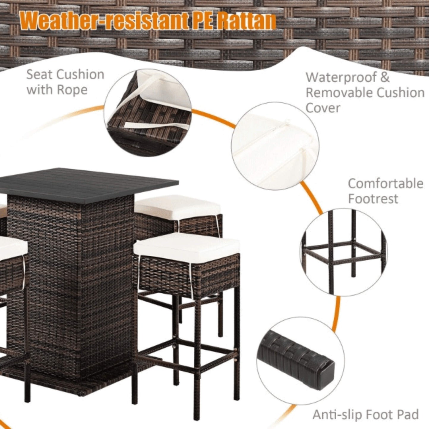 5-Piece Patio Rattan Bar Table Stool Set With Hidden Storage Shelf & Cushions (SAK14645)