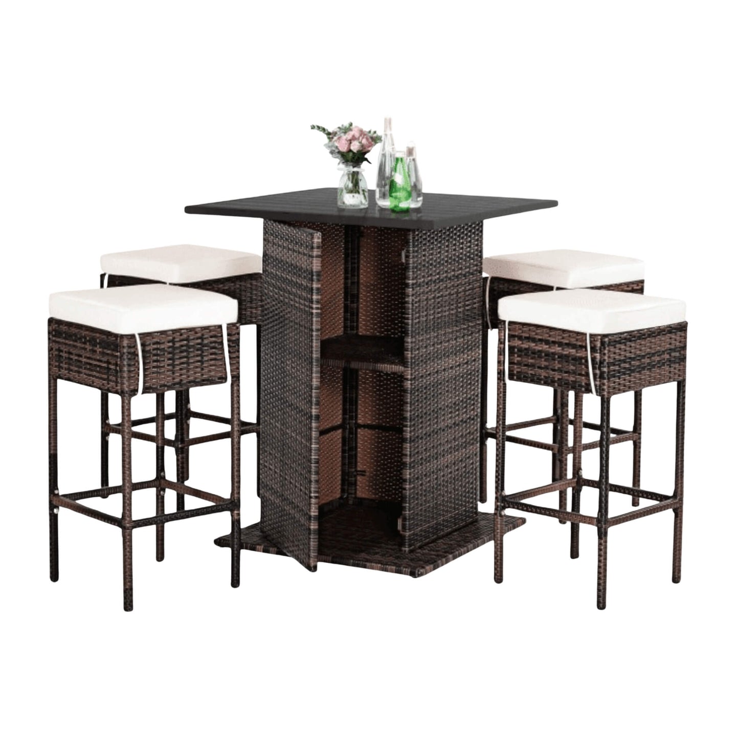 5-Piece Patio Rattan Bar Table Stool Set With Hidden Storage Shelf & Cushions (SAK14645)