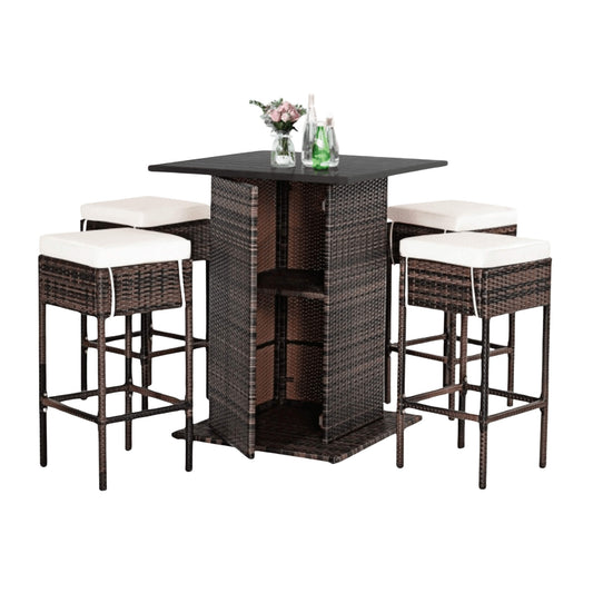 5-Piece Patio Rattan Bar Table Stool Set With Hidden Storage Shelf & Cushions (SAK14645)