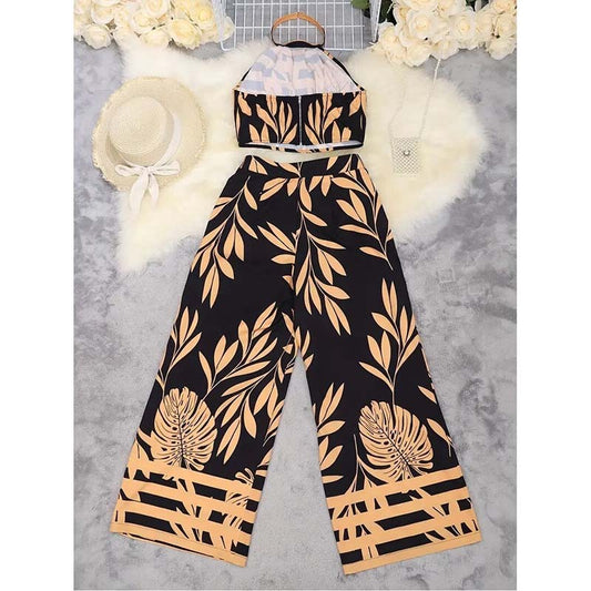 Women's 2 Piece Outfits Plants Graphic Print Crop Halter Top And Wide Leg Pants Set