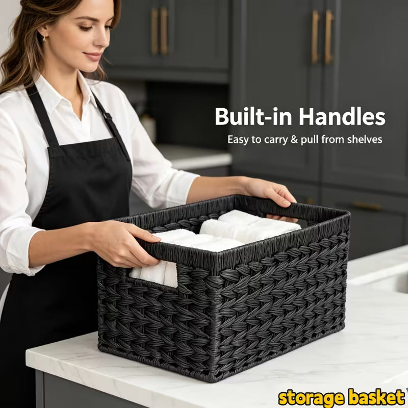 Woven Hyacinth Storage Baskets with Cut-out Handles