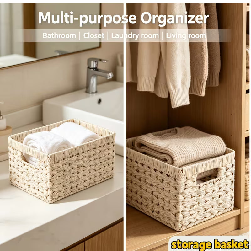 Woven Hyacinth Storage Baskets with Cut-out Handles