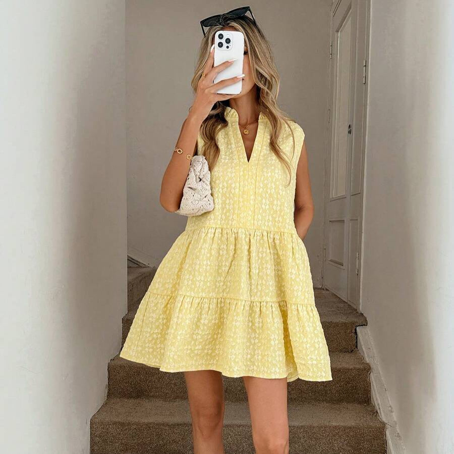Women's Patchwork V-Neck A-Line Dress – Sleeveless Midi Dress