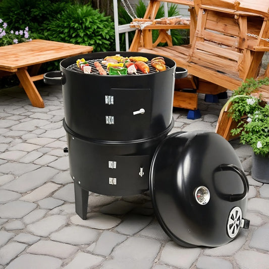 Double Layer Smokeless BBQ Grill & Braising Oven - Vertical Charcoal Smoker For Effortless, Healthy Outdoor Cooking With Minimal Grease Smoke