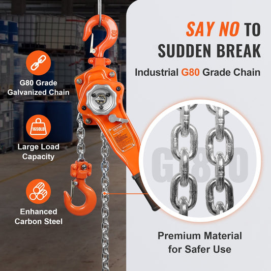 Manual Lever Chain Hoist,  1650 Lbs Capacity 10 FT Come Along, G80 Galvanized Carbon Steel With Weston Double-Pawl Brake, Auto Chain Leading  Rotation Hook, For Garage Factory Dock