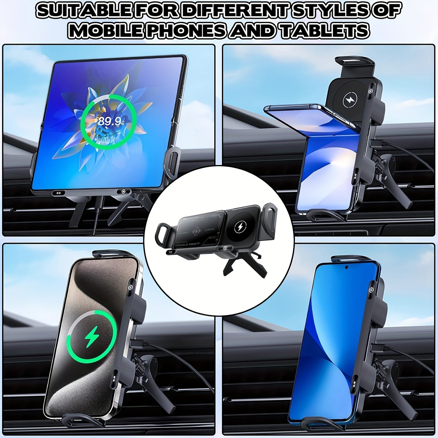 Car Universal Mobile Phone Holder 15W Wireless Fast Charging 2 In 1 Automatic Rotating Magnetic Mobile Phone Holder Car Air Outlet Holder, Automatic Clamping Automatic Rotating 90  Air Outlet Holder