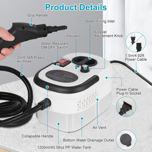 2500W Handheld Steamer Cleaner Multifunctional Little Steamer Powerful High Temp Steam Clean Machine For Cleaning Car Detailing Couch Floor Tile Microwave Mattress Bed Bugs Windows