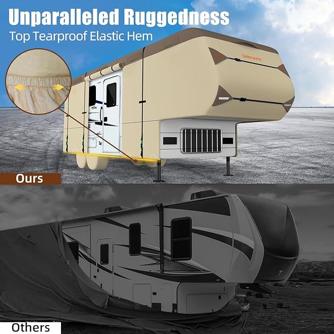 5th Wheel RV Cover Waterproof Camper Cover With 4 Trailer Tire Covers, Tongue Jack Cover, Gutter Cover And Extra Windproof Ropes, 7 Layers Top 3 Layers Side