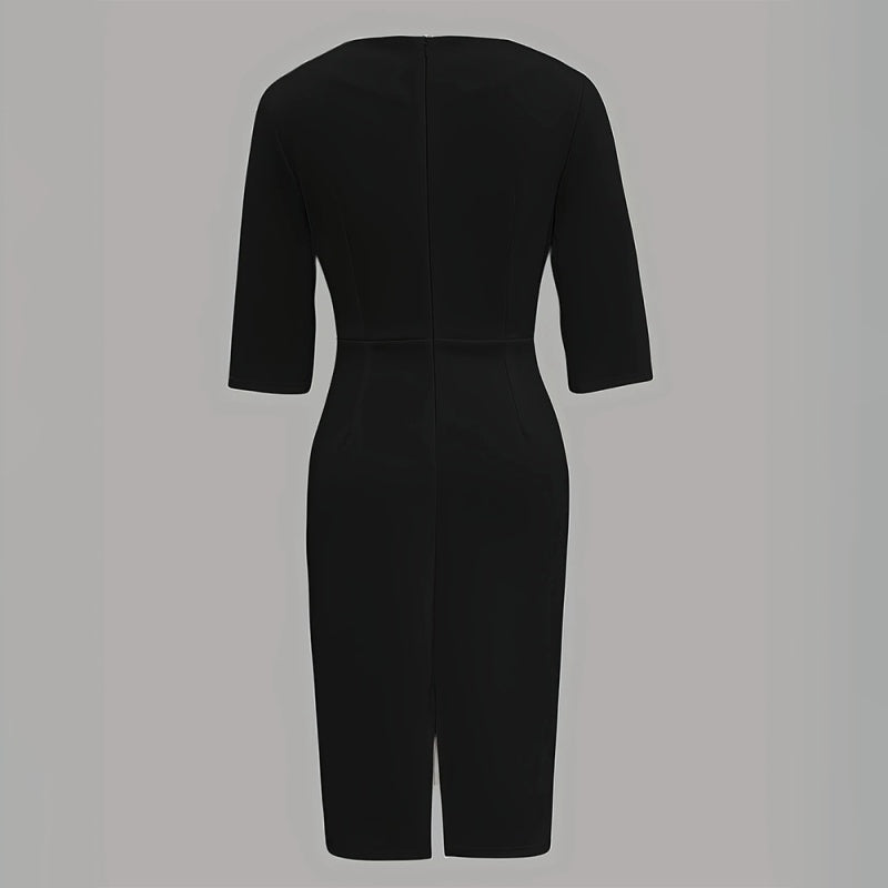 Women's Solid Color Pearl-Embellished Round Neck Dress - Elegant Back Zipper & Slit Sleeve Formal Dress