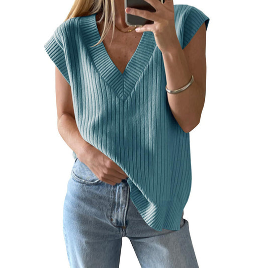 Womens V Neck Sweater Vest Oversized Ribbed Knit Sleeveless Casual Loose Fit Pullover Tank Top