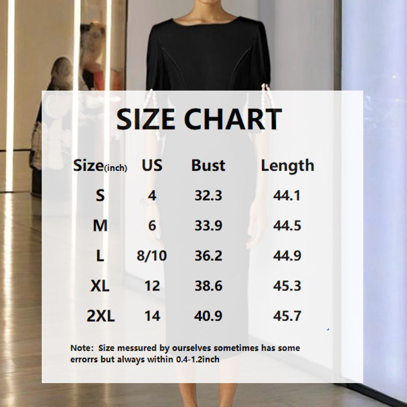 Women's Solid Color Pearl-Embellished Round Neck Dress - Elegant Back Zipper & Slit Sleeve Formal Dress