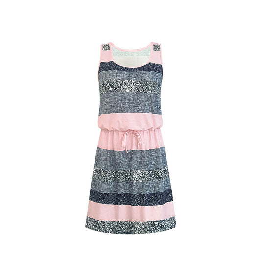 Women's Sleeveless With Adjustable Waist Tie Vest Dress - Casual Summer Mini Dress With Color Block Striped Design