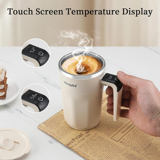 Mocha 12 Oz With Temperature Display Rechargeable Automatic Stirring Coffee Cup With Lid Suitable For Coffee Milk And Other Drinks White