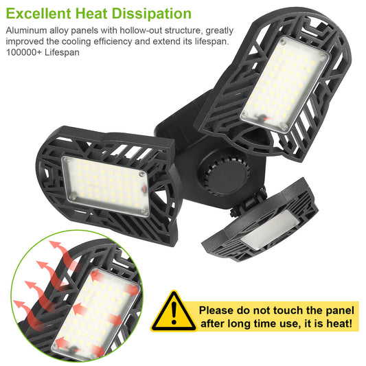LED Garage Light E26 E27 80W 7000LM 6500K Garage Ceiling Light Deformable Workshop Lamp Die Cast Aluminum LED Ceiling Light Bulbs With 3 Adjustable Panels For Barn Shop Warehouse Workshop C