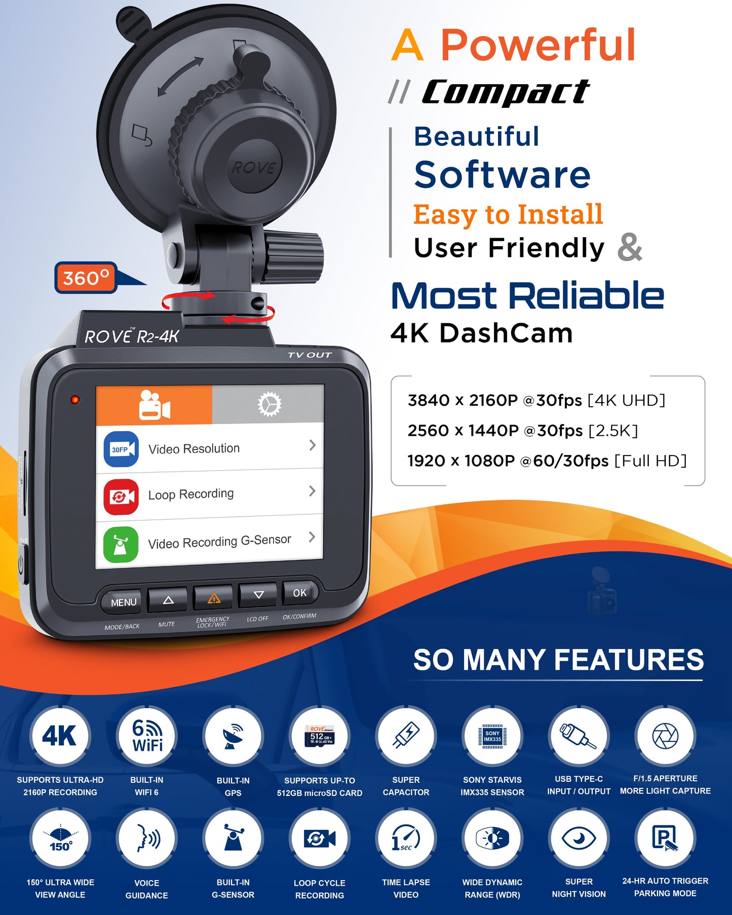 R2-4K Dash Cam 4K Ultra HD 2160P Car Dashboard Camera Built In Wi-Fi 6 & GPS
