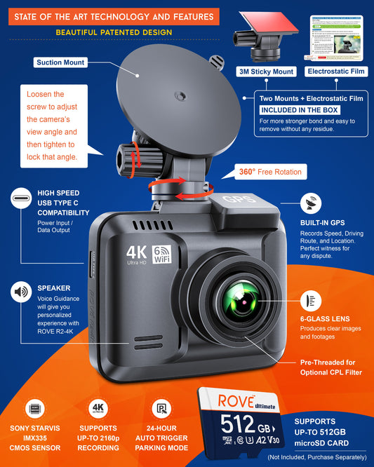 R2-4K Dash Cam 4K Ultra HD 2160P Car Dashboard Camera Built In Wi-Fi 6 & GPS