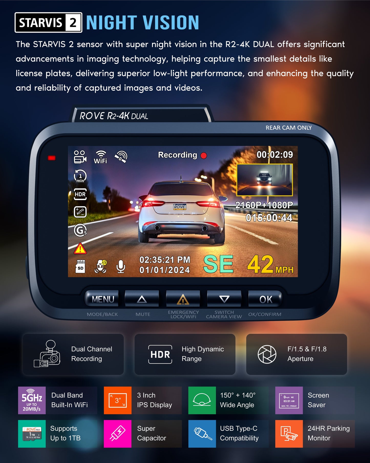 R2-4K DUAL Dash Cam Front and Rear, STARVIS 2 Sensor, FREE 128GB Card Included, 5G WiFi