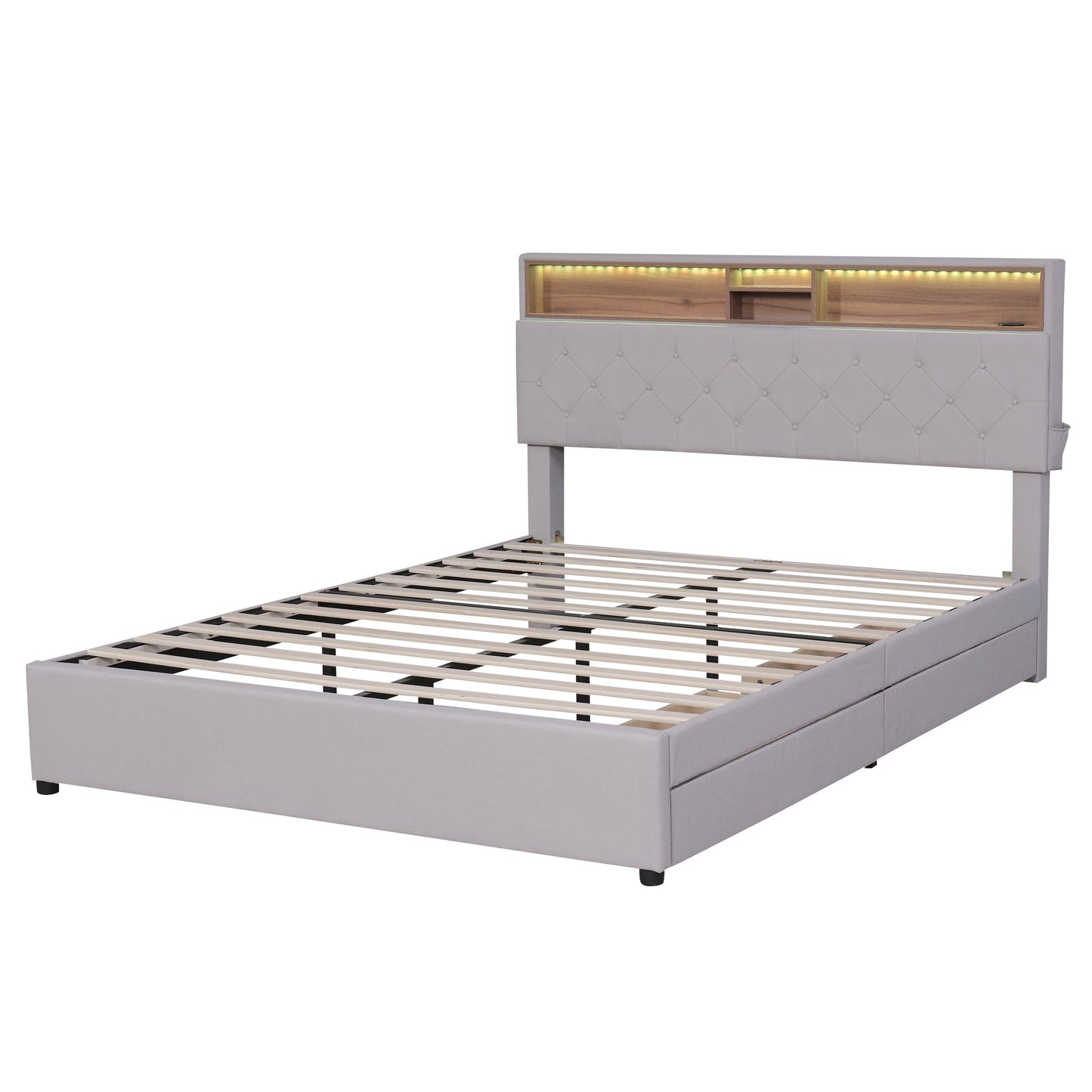 Queen Size Upholstered Platform Bed with Storage Headboard  LED  USB Charging and 2 Drawers  Beige