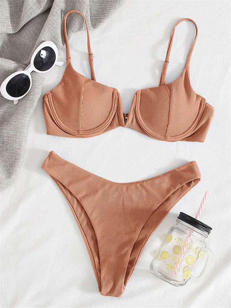 2024 Sexy Ribbed Underwired Swimsuit Women Solid Color V-neck Push Up Padded 2-piece Bikini High Cut Bathing Suit Beach Swimwear