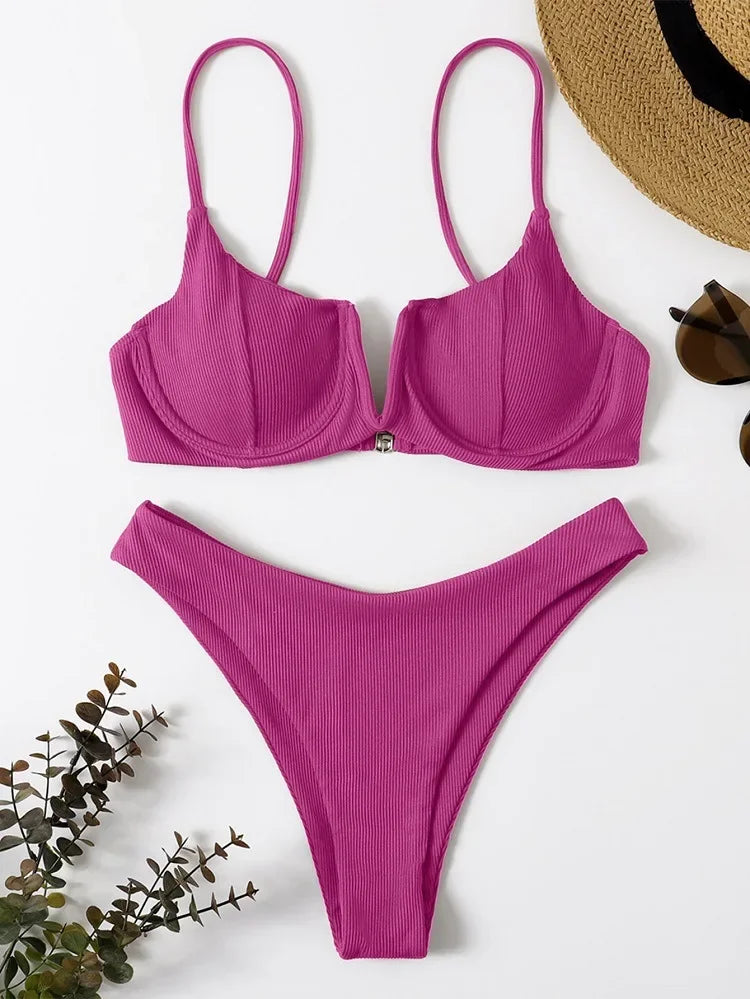 2024 Sexy Ribbed Underwired Swimsuit Women Solid Color V-neck Push Up Padded 2-piece Bikini High Cut Bathing Suit Beach Swimwear