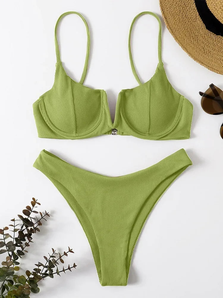2024 Sexy Ribbed Underwired Swimsuit Women Solid Color V-neck Push Up Padded 2-piece Bikini High Cut Bathing Suit Beach Swimwear