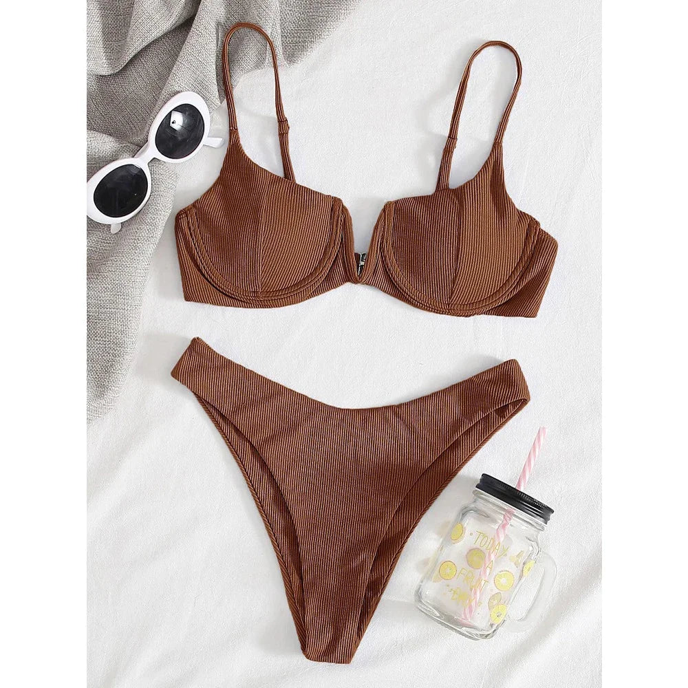 2024 Sexy Ribbed Underwired Swimsuit Women Solid Color V-neck Push Up Padded 2-piece Bikini High Cut Bathing Suit Beach Swimwear