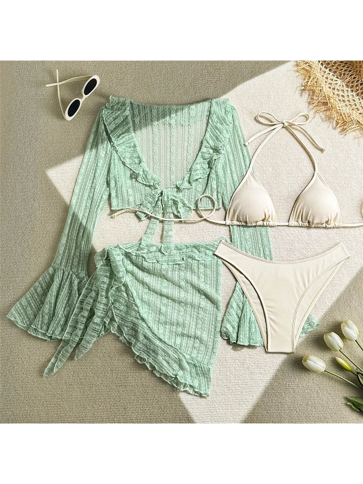 4PCS With Sarong Long Sleeve Halter Bikini Women Swimwear Female Swimsuit Four-pieces Bikini set Bather Bathing Suit Swim V6338