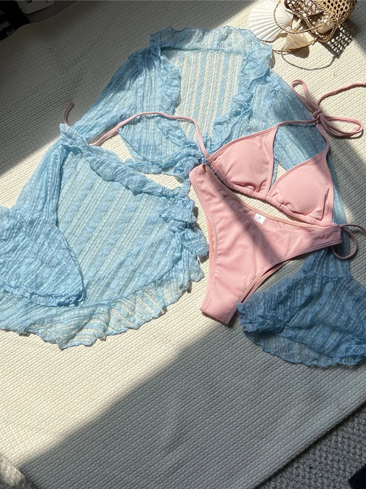 4PCS With Sarong Long Sleeve Halter Bikini Women Swimwear Female Swimsuit Four-pieces Bikini set Bather Bathing Suit Swim V6338