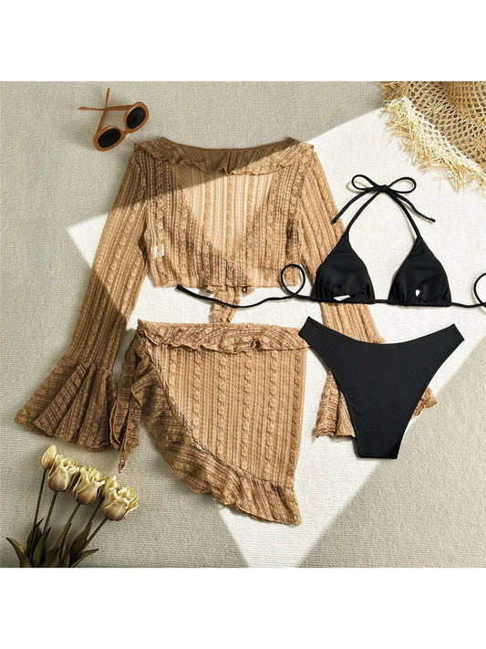 4PCS With Sarong Long Sleeve Halter Bikini Women Swimwear Female Swimsuit Four-pieces Bikini set Bather Bathing Suit Swim V6338