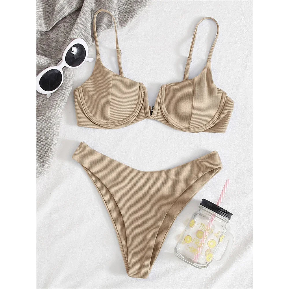 2024 Sexy Ribbed Underwired Swimsuit Women Solid Color V-neck Push Up Padded 2-piece Bikini High Cut Bathing Suit Beach Swimwear