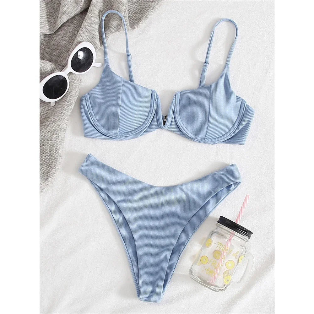 2024 Sexy Ribbed Underwired Swimsuit Women Solid Color V-neck Push Up Padded 2-piece Bikini High Cut Bathing Suit Beach Swimwear
