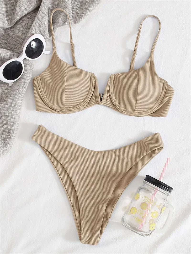 2024 Sexy Ribbed Underwired Swimsuit Women Solid Color V-neck Push Up Padded 2-piece Bikini High Cut Bathing Suit Beach Swimwear