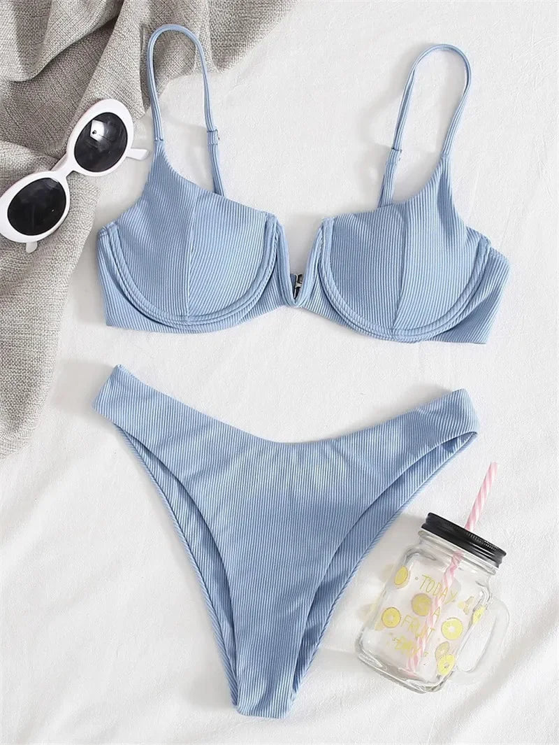 2024 Sexy Ribbed Underwired Swimsuit Women Solid Color V-neck Push Up Padded 2-piece Bikini High Cut Bathing Suit Beach Swimwear