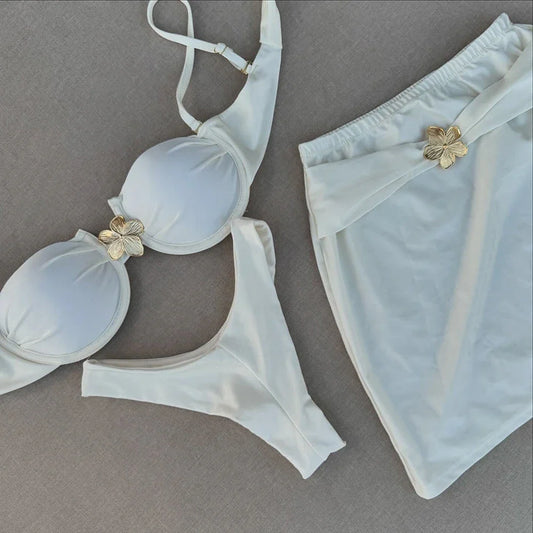 3 Pieces Bikini Set With Mini Skirt Women Swimwear 2025 Sexy Bikinis Push Up Beachwear Floral Bodysuit Micro Biquini Female