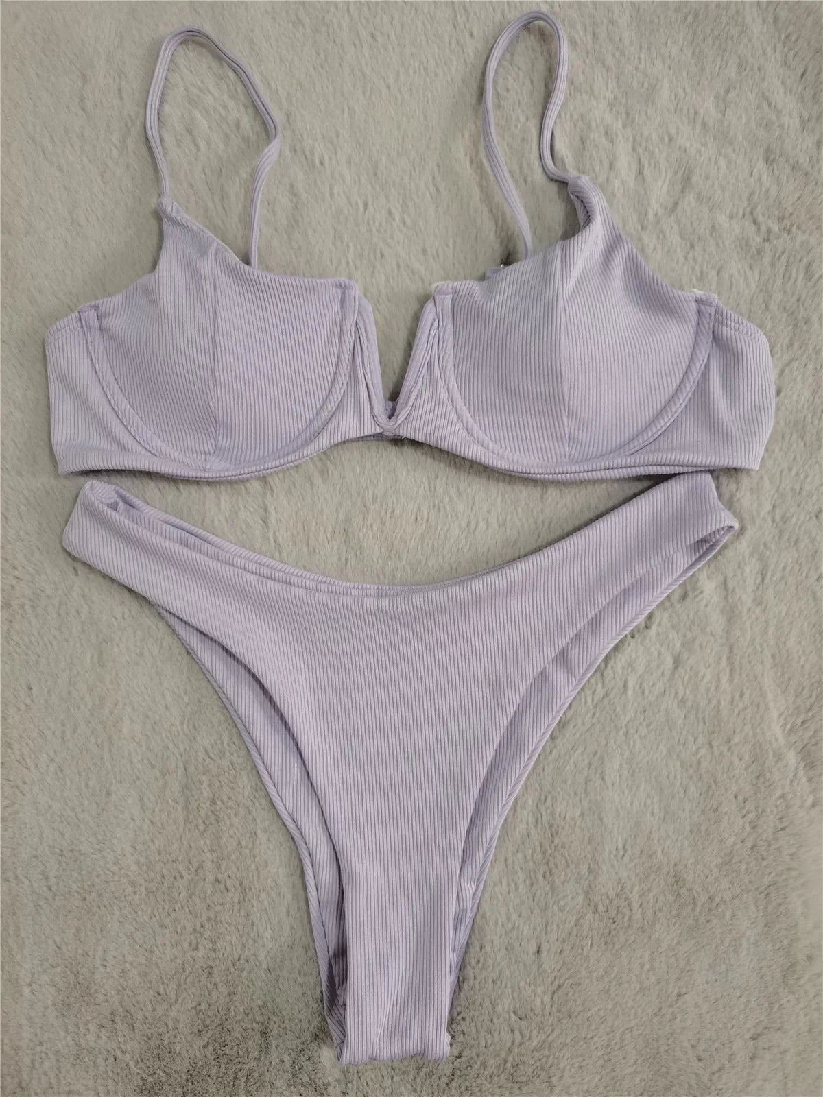 2024 Sexy Ribbed Underwired Swimsuit Women Solid Color V-neck Push Up Padded 2-piece Bikini High Cut Bathing Suit Beach Swimwear