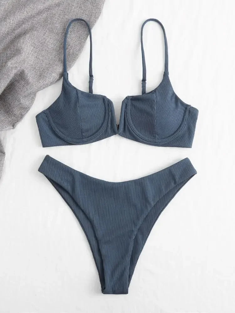 2024 Sexy Ribbed Underwired Swimsuit Women Solid Color V-neck Push Up Padded 2-piece Bikini High Cut Bathing Suit Beach Swimwear