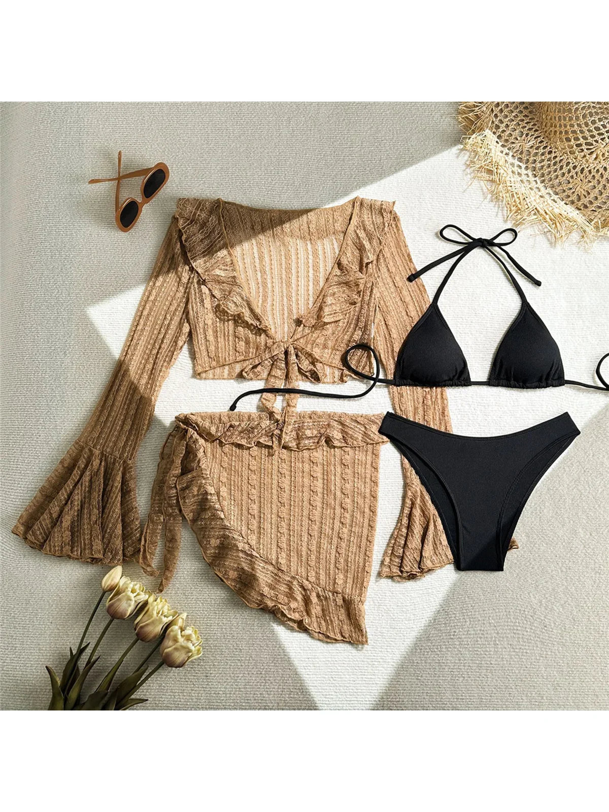 4PCS With Sarong Long Sleeve Halter Bikini Women Swimwear Female Swimsuit Four-pieces Bikini set Bather Bathing Suit Swim V6338