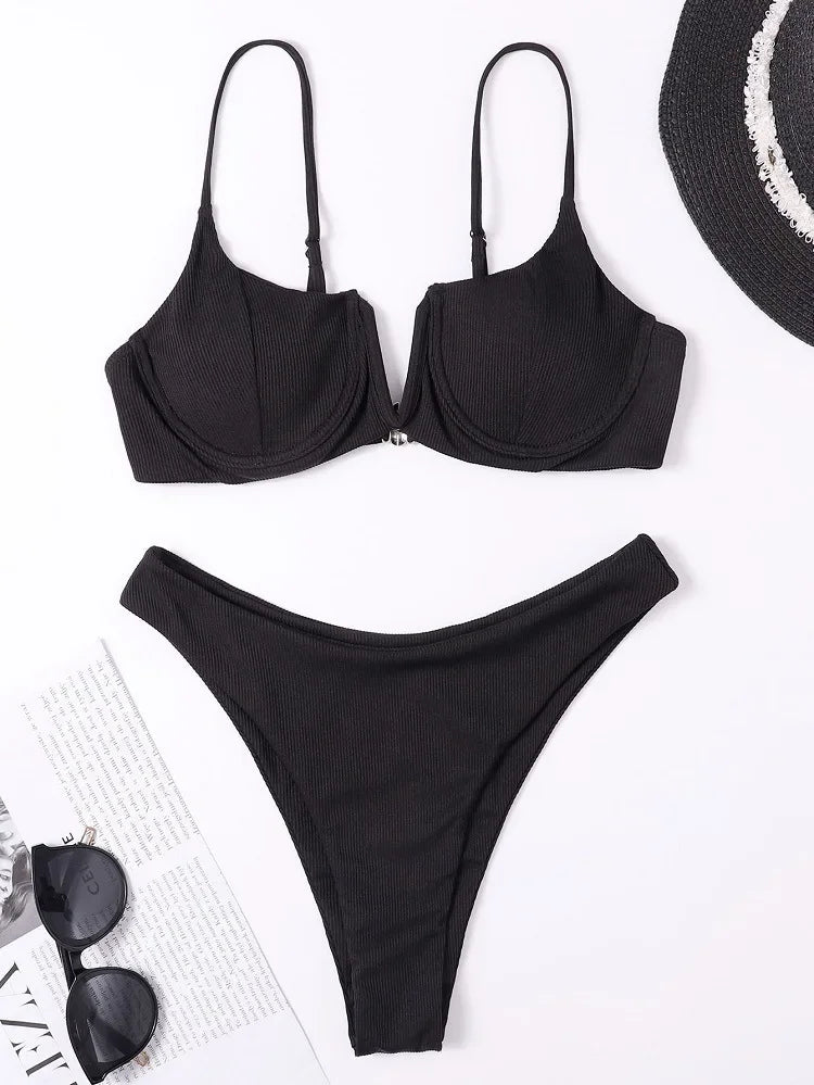 2024 Sexy Ribbed Underwired Swimsuit Women Solid Color V-neck Push Up Padded 2-piece Bikini High Cut Bathing Suit Beach Swimwear