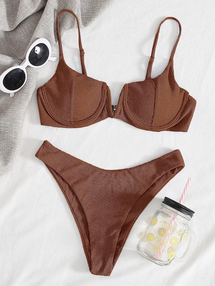 2024 Sexy Ribbed Underwired Swimsuit Women Solid Color V-neck Push Up Padded 2-piece Bikini High Cut Bathing Suit Beach Swimwear
