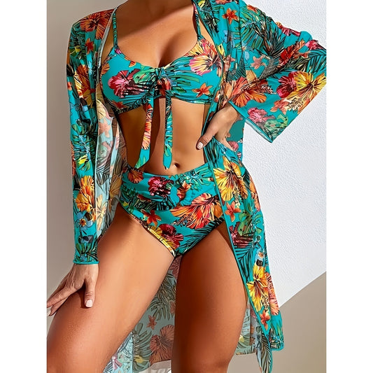 Ladies' Tankini Beach Wear Three Piece Set Sun Protection Long Sleeved Knotted Flower Print Hot Spring Swimsuit