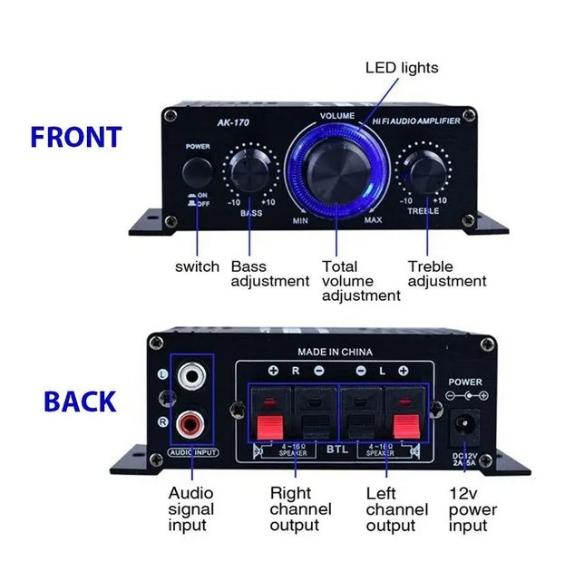 400W 12V 2 Channel Powerful Stereo Audio Power Amplifier HiFi Bass Amp Car Home