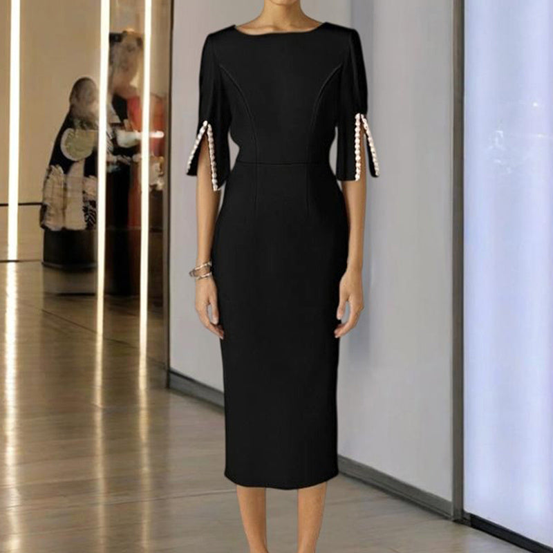 Women's Solid Color Pearl-Embellished Round Neck Dress - Elegant Back Zipper & Slit Sleeve Formal Dress