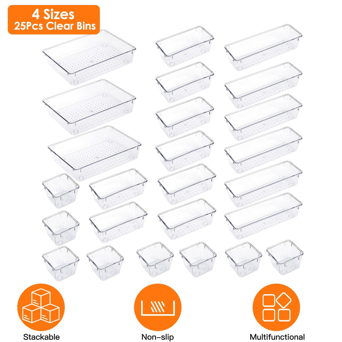 25-Piece Clear Drawer Organizer Set – 4 Sizes