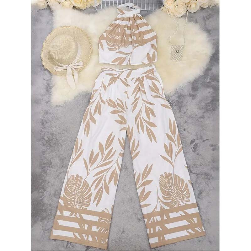 Women's 2 Piece Outfits Plants Graphic Print Crop Halter Top And Wide Leg Pants Set