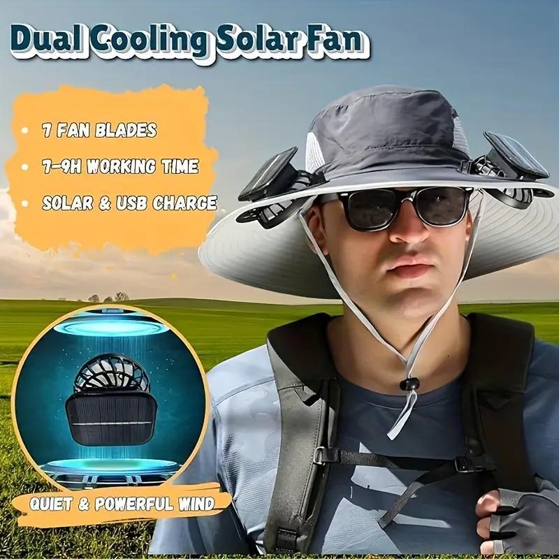 Unisex Solar Powered Black Fan Outdoor Fishing Wide Brim Sun Hat For Camping And Work