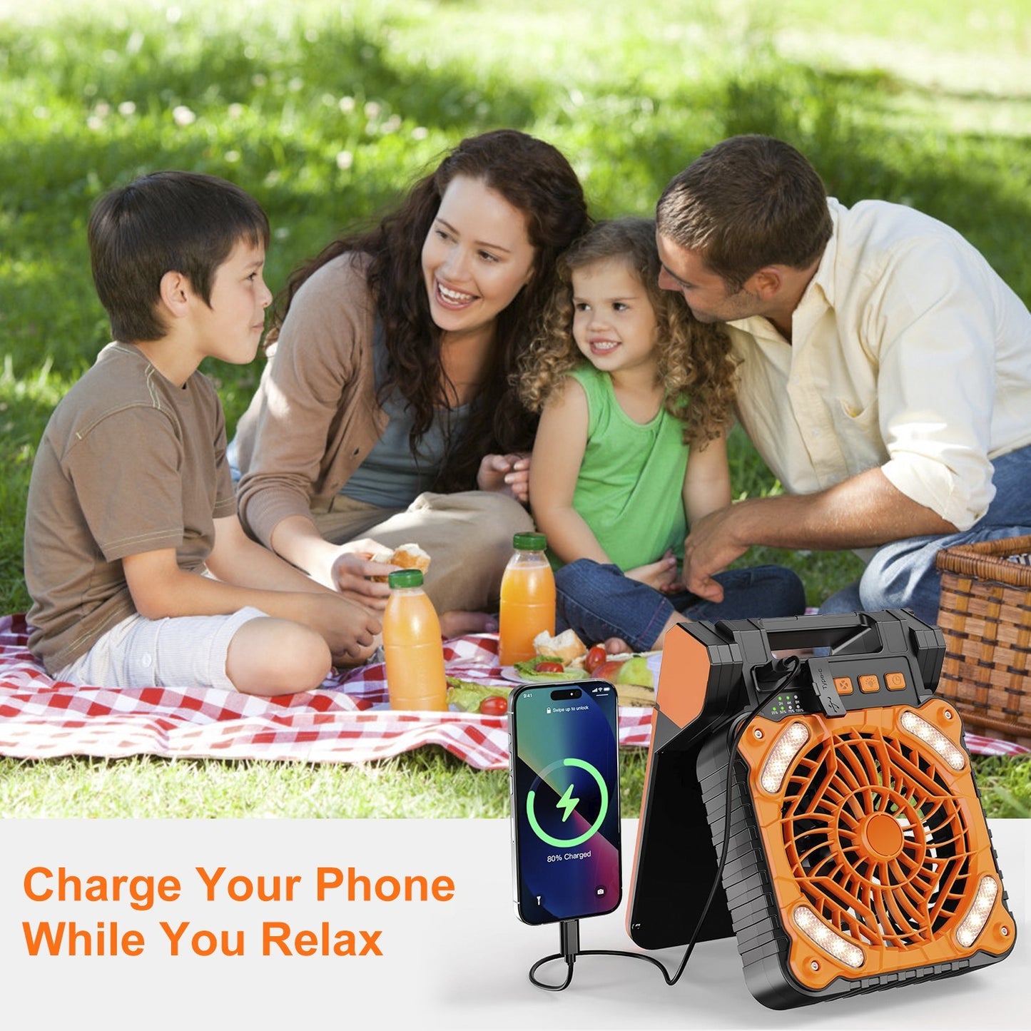 1Pc Solar Camping Fan With LED Lantern 5200mAh Rechargeable Battery Operated Portable Fan With Emergency Power Bank 4 Wind Speeds 3 Light Modes 3 Timers For Hiking Fishing Travel